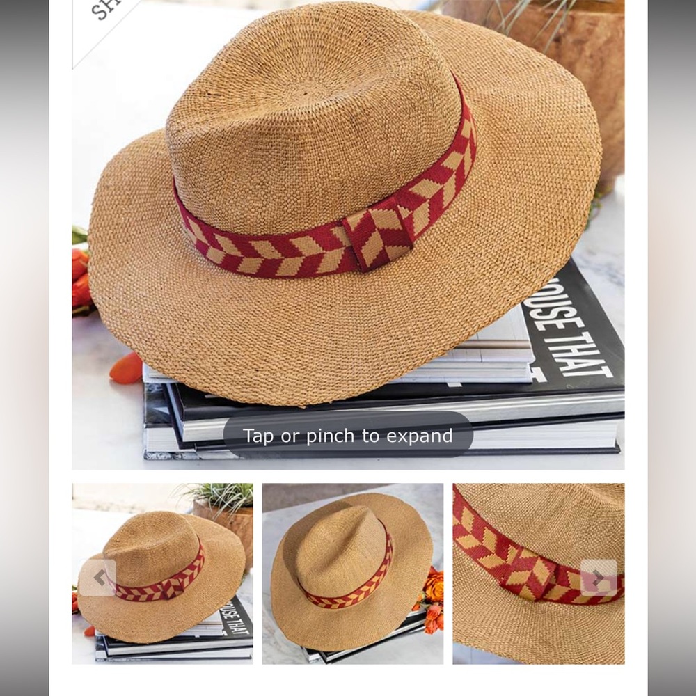 Powder Natasha Hat with a terracotta chevron band.